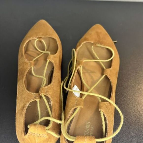 Mossimo Supply Co. Tan Camel Suede Flats Women's Size 10 Pointed Toe Lace Up - Picture 5 of 16
